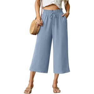 Capri Pants for Women High Waisted Wide Leg Casual Lounge Pant Summer Capris Adjustable Drawstring with Pockets (Large, A - Denim Blue)