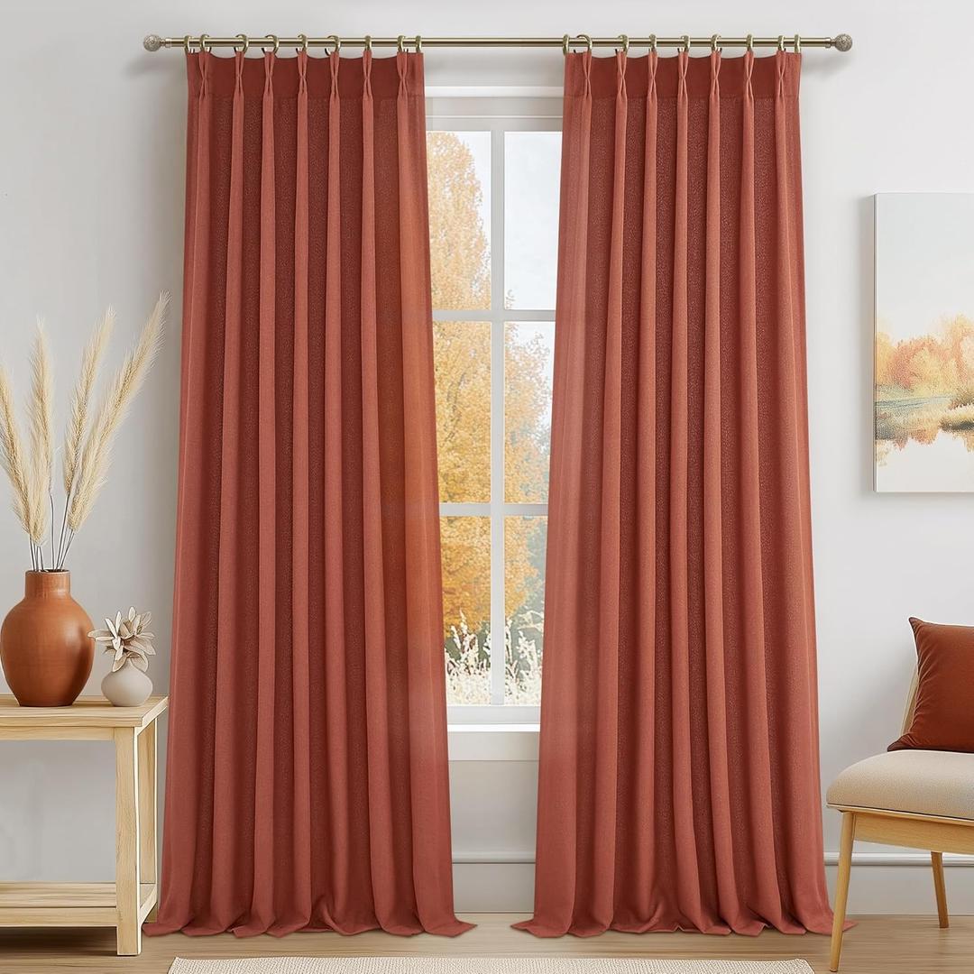 Pinch Pleated Burnt Orange Semi Sheer Curtains 102 Inches Long 2 Panels Set for Dining Room, Petty Natural Thick Linen Light Filtering Triple Pleat Aesthetic Curtain with Back Tab 40"W x 102"L Length