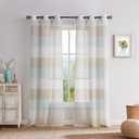 Central Park Tan and Spa Blue Stripe Sheer Color Block Window Curtain Panel Linen Texture Window Treatment for Bedroom Living Room Farmhouse Drape 90 Inches with Grommets, 40"x90", 2 Panel