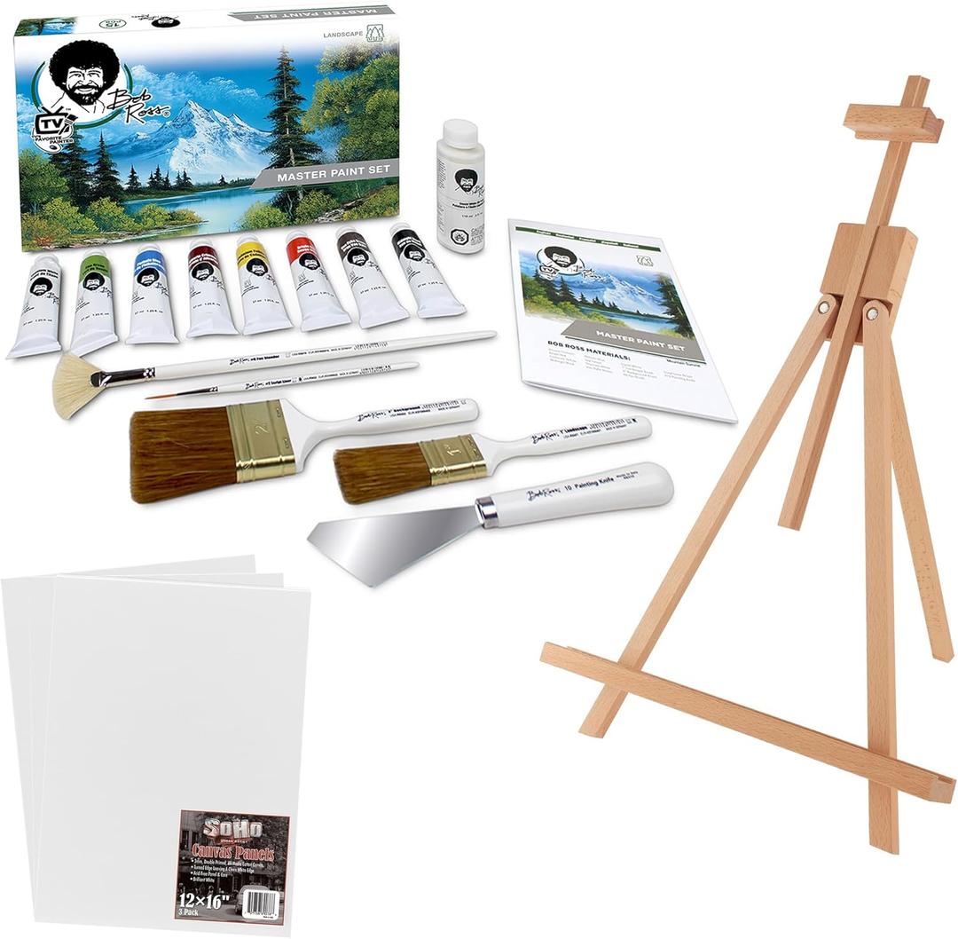 Bob Ross Master Artist Oil Paint 15 Piece Bundle Plus Wood Tabletop Travel Art Easel and Canvas Panels (3pk) - 12x16 (3 Items)