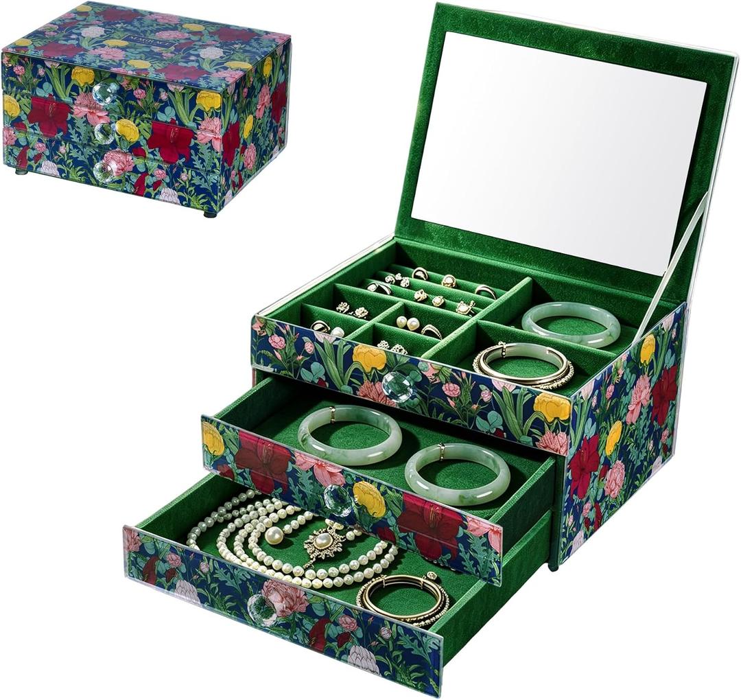 MAGRACE 3 Layer Jewelry Box Organizer with Mirror & Drawer Velvet Lined