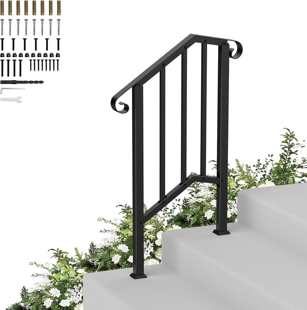 Hand Rails for Outdoor Steps-Adjustable Angle 1-2 Steps Stair Handrail-Galvanized Alloy steel-600 lb LC-Indoor Stair Railing Kit-Waterproof Exterior Porch Railing-Deck HandRail for Concrete Wood Step