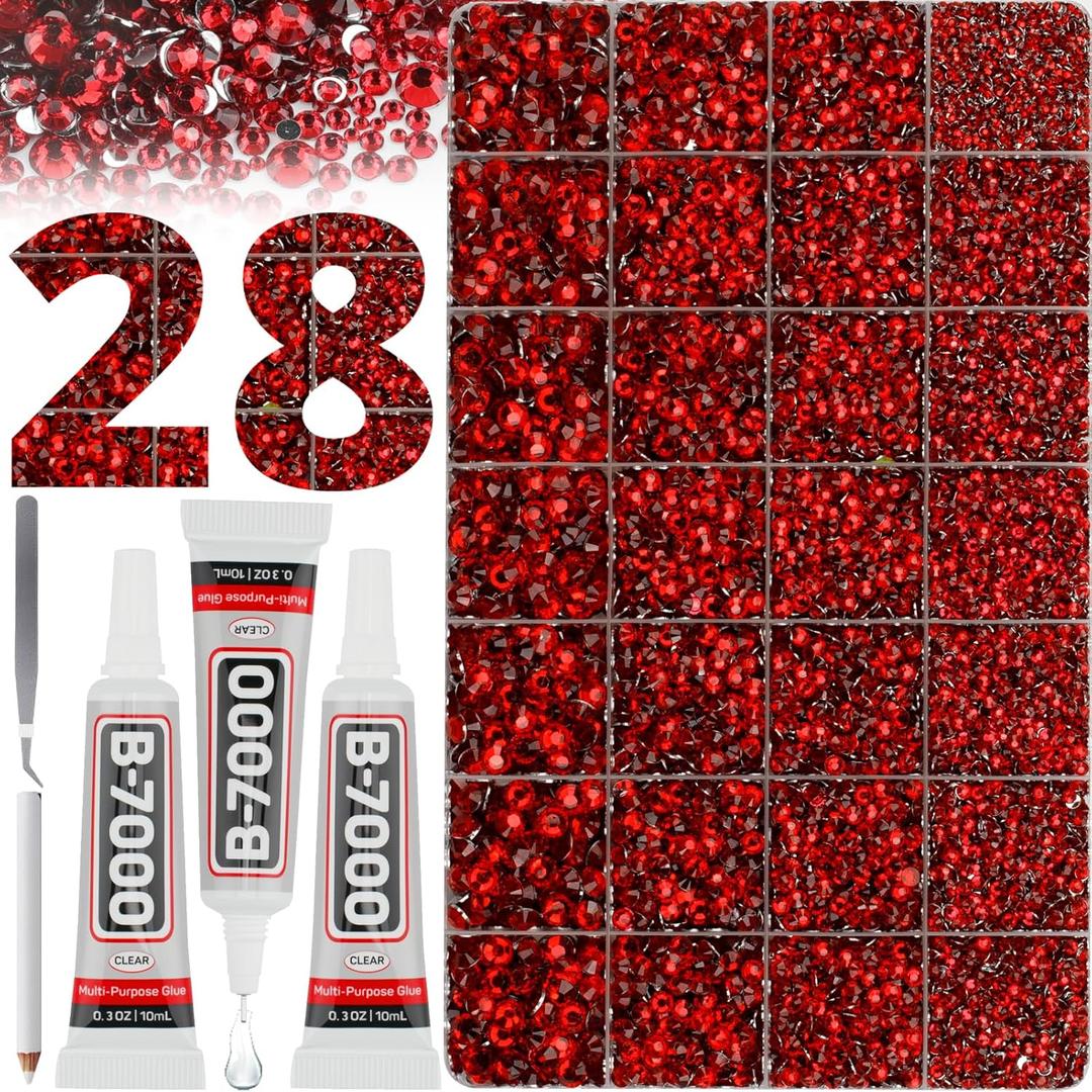 36000Pcs Red Rhinestones Gems for Bedazzling Bedazzle, Siam Crystal Stone Flatback Diamond Jewel Bedazzler Kit for Crafting Crafts Clothes Clothing, Resin Gemstone Flat Back 2-6MM and B7000 Glue