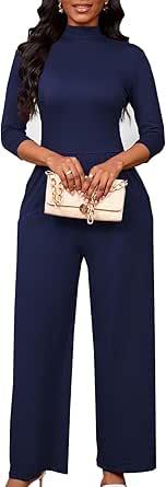 Sexy 3/4 Sleeve Jumpsuit for Women V Neck High Waisted Long Wide Leg Pant Button Down Party Romper with Belt Navy Blue M