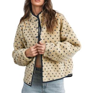 Women's Fleece Jacket Button Down Lapel Collar Sherpa Jackets Long Sleeve Contrast Quilted Outerwear (Medium, Khaki)