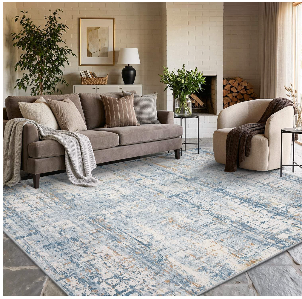 Rugxara 6x9 Washable Area Rug for Living Room, Modern Abstract Large Boho Rugs for Office, Dining Room, Kids Room, Farmhouse, Durable Low Pile Non Slip Carpet for High Traffic Areas, Blue Beige