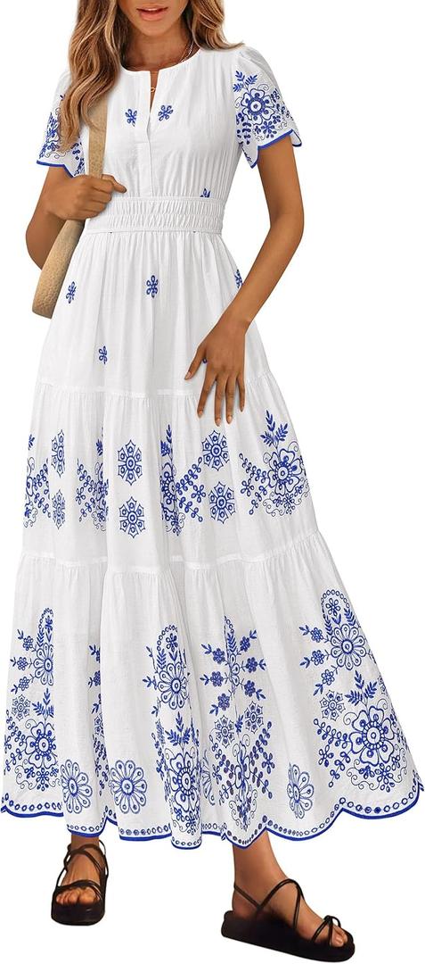 PRETTYGARDEN Summer Dresses for Women 2026 Floral Boho Maxi Spring Casual Short Sleeve V Neck Elastic Waist Dress Pockets (White Blue Flower, X-Large)