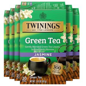 Twinings Green Tea with Jasmine Individually Wrapped Bags, 20 Count (Pack of 6), Fragrant Floral Scent, Caffeinated, Enjoy Hot or Iced, 120 Teabags (EXP 02/10/27)