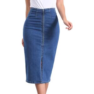 Allegra K Casual Denim Skirt for Women's Front Slit Zipper High Waist Bodycon Midi Jean Skirt, S