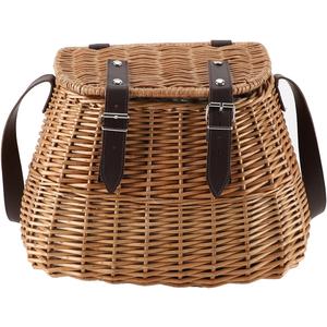 Wicker Picnic Basket, Fishing Creel Basket, Carrying Gift Basket with Lid and Shoulder Strap