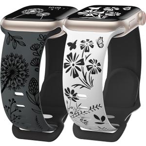 Wearlizer 2 Packs Floral Engraved Compatible with Apple Watch Bands 38/40/41/42/44/45/46/49mm Women, Cute Two-Tone Soft Silicone Strap for iWatch Series 11 10 9 8 7 6 5 4 3 SE/Ultra 3 2 1 (Grey/Black + White/Black)