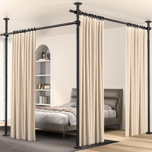 Room Divider, Tension Curtain Rod No Drilling,4-10ft(H) 28-140inch(W) Wall Divider for Room Separation, Heavy Duty Room Partition Separator, Adjustable Folding Privacy Screens,Black