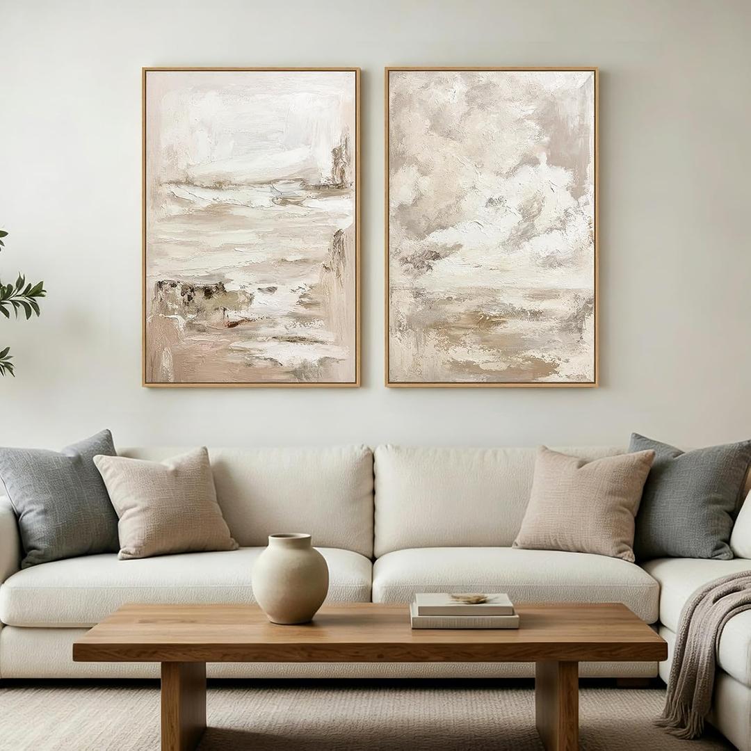 SAFERRYHOME Neutral Abstract Landscape Sky Hand Painted Wall Art, 24"x36"x2, 24"x36"x2 Panels