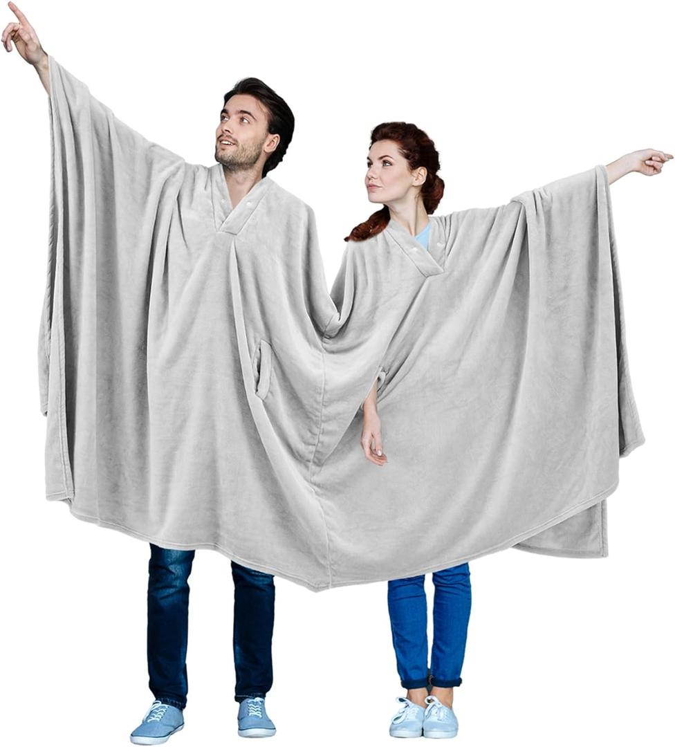 Hahafelt Couple Double Blanket Wearable Blanket Winter Robe 2 Person Poncho Plush Throws Blanket for Women Men(Light Gray)