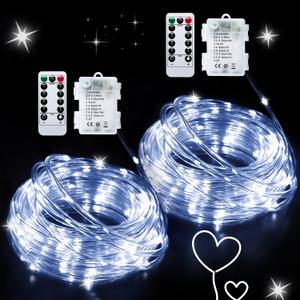 JMEXSUSS 2 Pack White Christmas Lights Battery Operated Rope Lights Outdoor Waterproof, Total 200 LED 8 Modes Battery Powered String Light with Remote for Tree Christmas Decorations