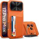 for iPhone 17 Pro Max Case with Credit Card Holder, Built-in Camera Cover & Stand, Silicone Bumper Raised Edge Full Body Protective Phone Cover Case for iPhone 17 Pro Max 6.9" 2025, Orange