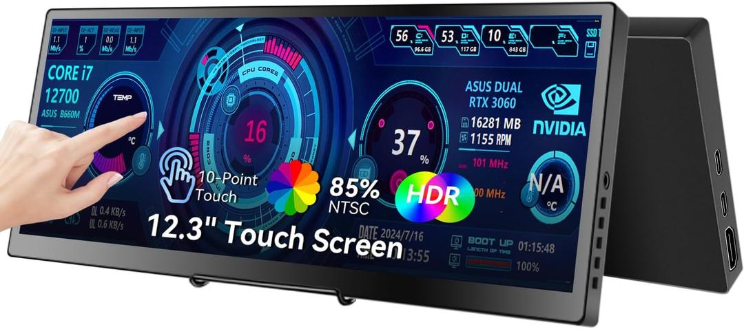 12.3 Portable Touchscreen Monitor,1920*720 IPS Mini Touch Screen,Travel Display with Foldablestand & Speaker, HDMI USBC CNC External Monitor for Laptop Phone Aida64 GPU CPU RAM Monitoring, VESA
