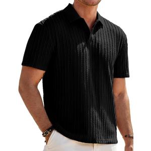 JMIERR Mens Casual Polo Shirt Summer Short Sleeve Vacation Button Beach Knit Stretchy Golf Shirts (Black, XL)