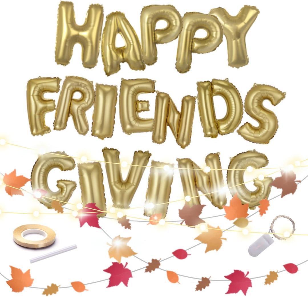 Emuya Friendsgiving Party Decorations - Happy Friendsgiving Decor Banner Set, & PDF Download Foil Balloons Garland, Fairy light, Gold Balloon Letters & 13' Paper Fall Leaf - Table & Backdrop Ideas