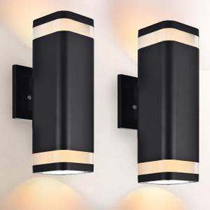 wowlite Dusk to Dawn Outdoor Wall Light 2 Pack, Modern Exterior Lights for House, Matte Black Outdoor Wall Sconce with E26 Base, Waterproof Outdoor Light Fixture Wall Mount Up and Down Lighting (Style 3)
