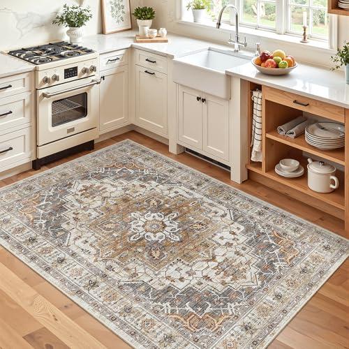 Madane Area Rug 4x6 Washable Rugs: Vintage Living Room Rug Soft Low Pile Non Slip Area Rugs Distressed Indoor Floor Carpet for Bedroom Kitchen Dining Room Home Decor, Turmeric/Grey