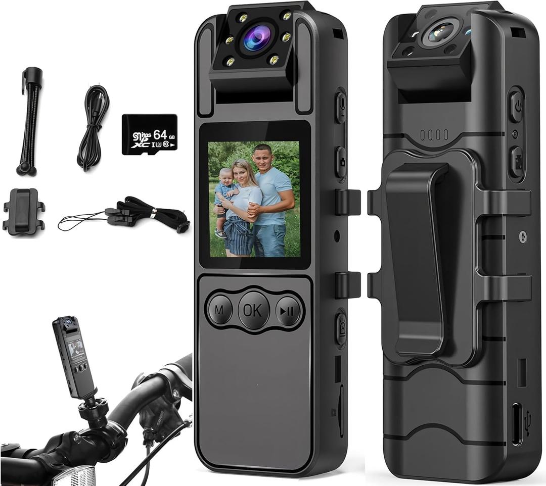 1080P Body Cameras with Audio and Video Recording| 180 Rotating Lens | 6-8HR Battery | Night Vision | 64GB SD Card | 1.3" LCD | Portable Security Cam for Police, Law Enforcement, Outdoors & Meetings