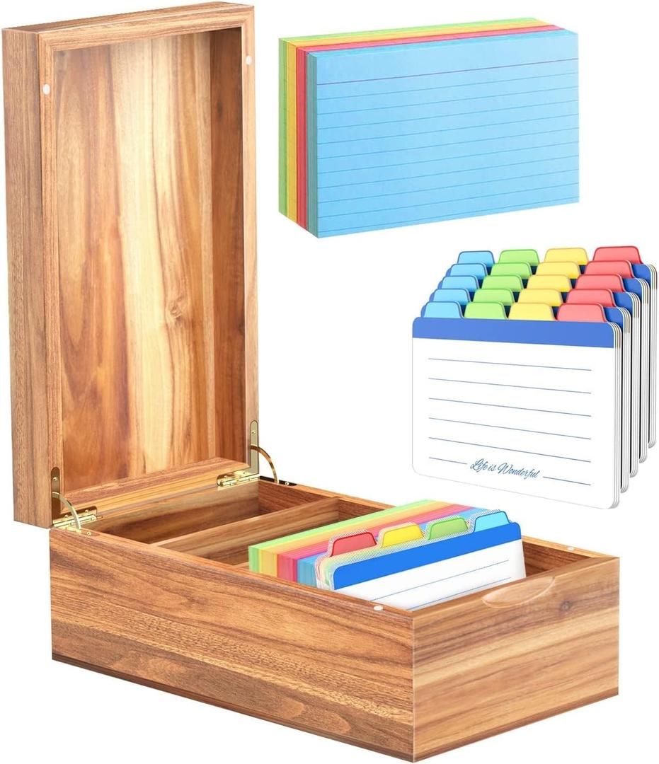 Neando 3x5 Index Card Organizer Box with Lid Acacia Wood Note Card Holder with 200 Cards & 20 Dividers, Holds 600 Cards, 4 Compartments, Magnetic Closure Desktop Storage for Study, Office, Recipes