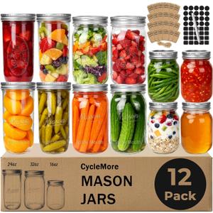 CycleMore Mason Jars Bundle, 12 Pack J Canning Jars With Bands and Lids, Ideal for Jam, Honey, Wedding/Shower Favors, DIY & Oats - 32 OZ x 4, 24 OZ x 4, 16 OZ x 4