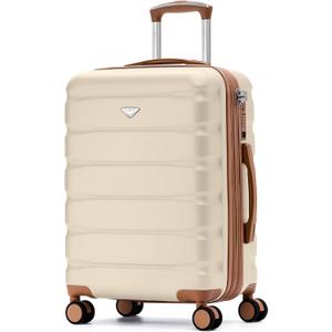 Flight Knight 24x16x10 Expandable Carry On Suitcase Hardside TSA Lock USB C Lightweight Luggage Silent Double Spinner Wheels Maximum Overhead Carry-On Bag For Virgin South West Approved Cream/Tan