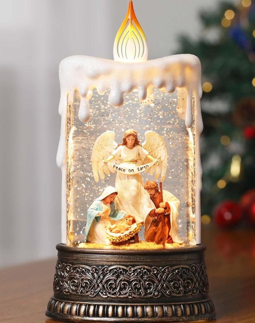 Nativity Christmas Snow Globe Candle, Angel Snow Globe Lantern with Music Timer Swirling Glitter, Christmas Decorations for Home Decor Festival Gife, USB & Battery Operated 10 Inch (Holy Family)