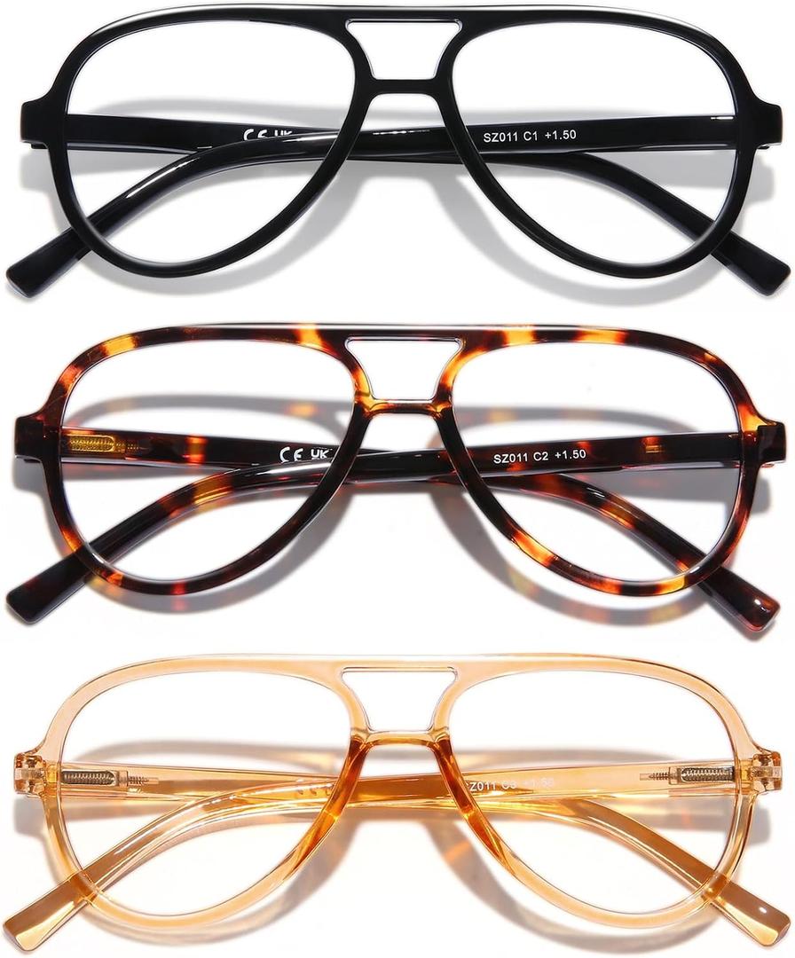 DOOViC 3 Pack Retro Aviator Reading Glasses for Women Men Lightweight Blue Light Blocking Computer Readers