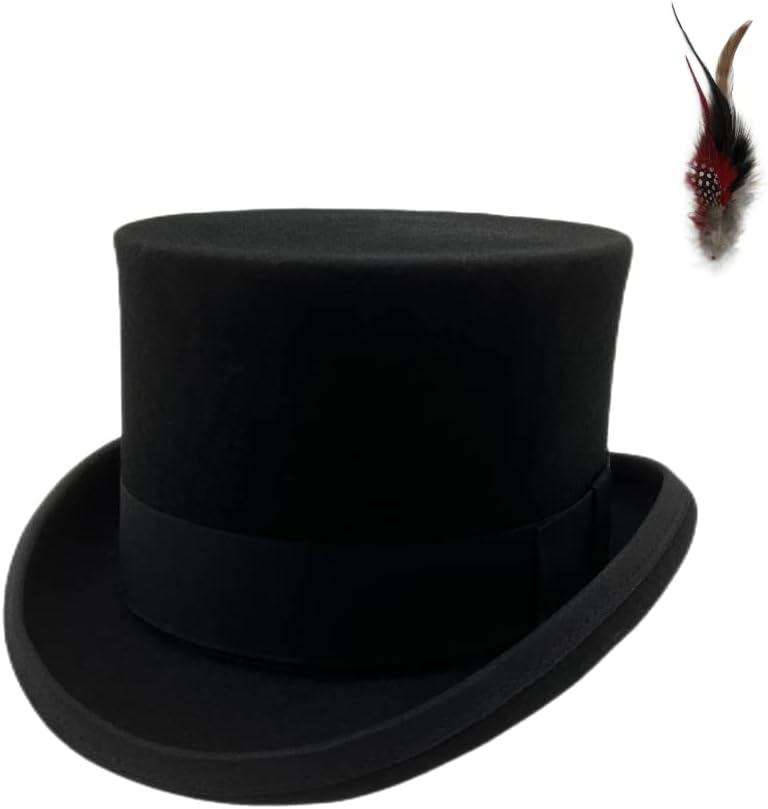 Willheoy Wool Top Hat for Men Satin Lined Topper Hat Black Men's Tall Tophat Christmas Costume Cap (Large)