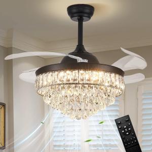 CLAIRDAI 42" Black Crystal Fandelier, Dimmable Remote Ceiling Fan | Retractable blades, 6-speed flush mount chandelier fan with APP control for bedroom, living room, dining room