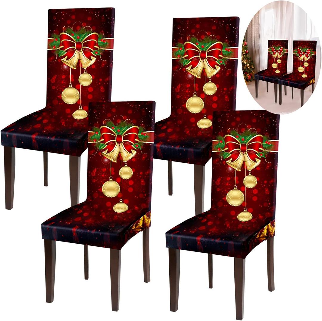 Boao 4 Pieces Christmas Chair Protector Cover Bell Style Stretch Removable Washable Chair Seat Protector Cover Christmas Seat Slipcover for Home Hotel Dining Room Banquet Wedding Party