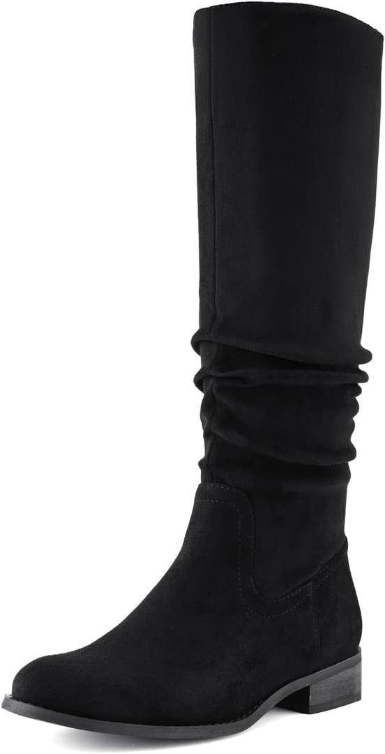 Shoe'N Tale Women's Knee High Boots Flat Low Heel Slouch Pointed Toe Winter Shoes with Side Zipper (8, Black)