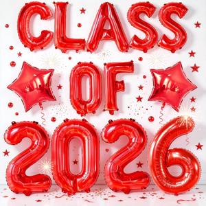 Red Class Of 2026 Balloons 32/18/16 Inch Graduation Balloons Class of 2026 Decorations Red Star Foil Balloons for Grad High School College Prom Graduation Sign Party Decorations Supplies