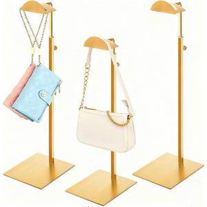 Hacaroa Set of 3 Purse Display Stand Stainless Steel, Adjustable Metal Handbag Holder Gold Tabletop Bag Rack, Single Hook Jewelry Display Stand for Closet, Boutique, Store