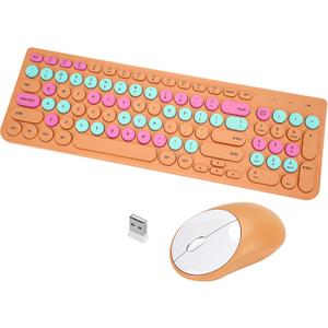 Wireless Keyboard and Mouse Combo, Retro Typewriter Keyboard with Round Keycaps, 2.4GHz USB Cute Wireless Keyboard Mouse for Computer, Desktop, Laptop and Computer (Orange Colorful)