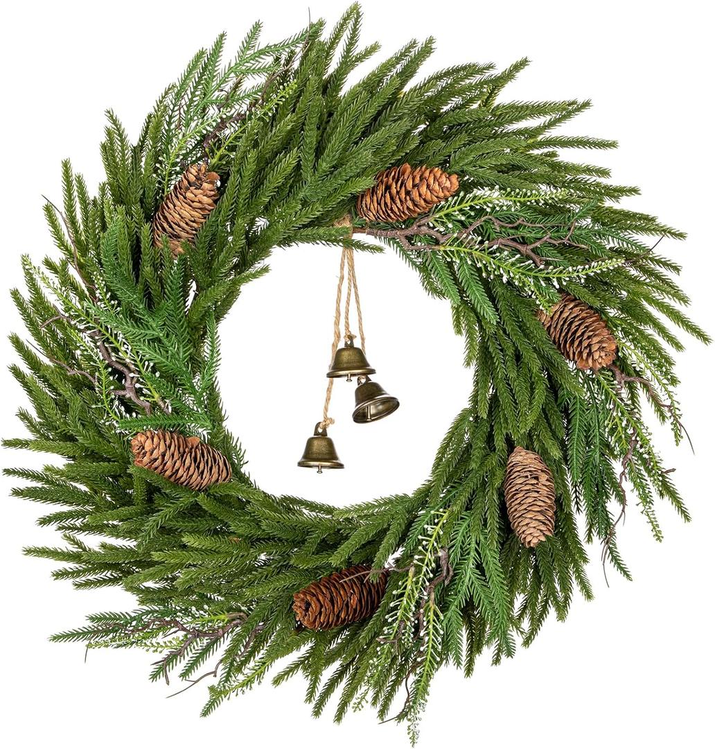 Briful Norfolk Pine Christmas Wreaths for Front Door, 20 inches Artificial Green Wreath with Pinecones Decorative Bells for Xmas Room Wall Kitchen Mantle Outdoor Porch Decor
