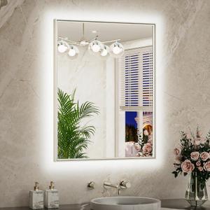 TETOTE 24 x 32 Backlit Bathroom Mirror Brushed Nickel Metal Frame LED Light Vanity 3-Color White/Warm/Natural Stepless Dimmable Anti-Fog Backlight Mirror Wall-Mounted