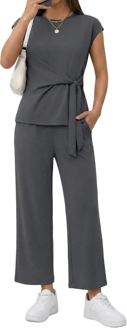 Casly Lamiit Two Piece Sets for Women Summer Outfits Cap Sleeve Belted Crop Top Wide Leg Pants Matching Set (Gray, S)