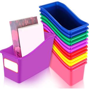 Teling 12 Pcs Plastic Book Bins Bulk for Classroom Interlocking Magazine Holder Organizer Folder Binder Storage Container Box with Name Labels for School Office Home Supply (Rainbow Bright)
