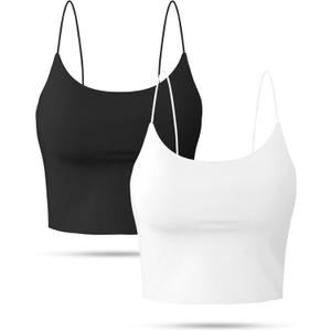 Buauty 2 & 4 Packs Crop Tank Top for Women, Basic Solid Cropped Double Layer Spaghetti Strap Short Sleeveless Camisole (Medium, Black+white)
