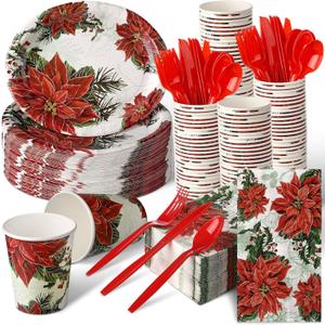 Umigy 350 Pcs Christmas Oval Paper Plate and Napkin Christmas Paper Dinnerware Set for 50 Guests Vintage Tableware Disposable Cup Knife Fork Spoon for Xmas Holiday Party Supplies(Red,Poinsettia)