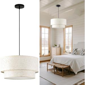 Linen Drum Pendant Light, 18 Double Drum Light Fixture with Modern Fabric Lampshade, 3-Light Linen Chandeliers for Dining Room, Bedroom, Hardwired