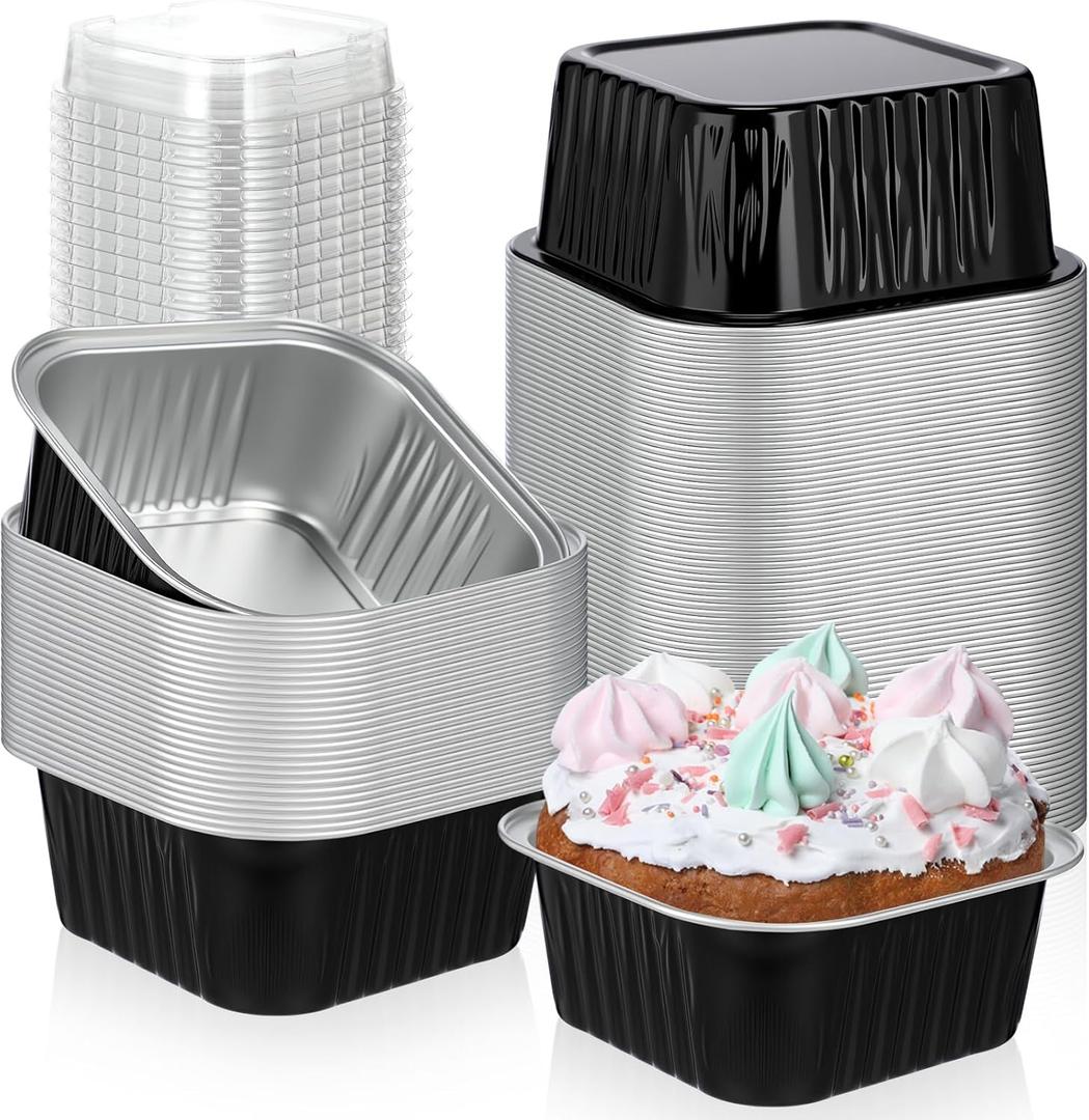 Skylety 100 Pcs 5 oz Mini Square Baking Pan with Lid Aluminum Foil Cupcake Pan Brownie Baking Cup Disposable Ramekins Individual Tin Dessert Containers for Kitchen (Black)