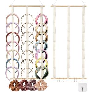 3 PCS Headband Holder Organizer for Girls, Hanging Hairband Storage, White Hairband Display with Wooden Stick, 10 S-Shaped Hooks & Adhesive Hook, Hair Accessories Organizer for Bedroom, College Dorm