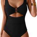Eomenie Women's One Piece Swimsuit Tummy Control Ruched Bathing Suit Cutout V Neck Swimwear High Cut Tie Back Swim Suit (Medium, White, Black)
