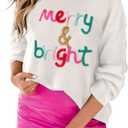 LEMAFER Women 2026 Merry Christmas Round Neck Sequin Letters Sweater Casual Solid Slogan Long Sleeve Pullover Sweatshirt Tops (White, M)