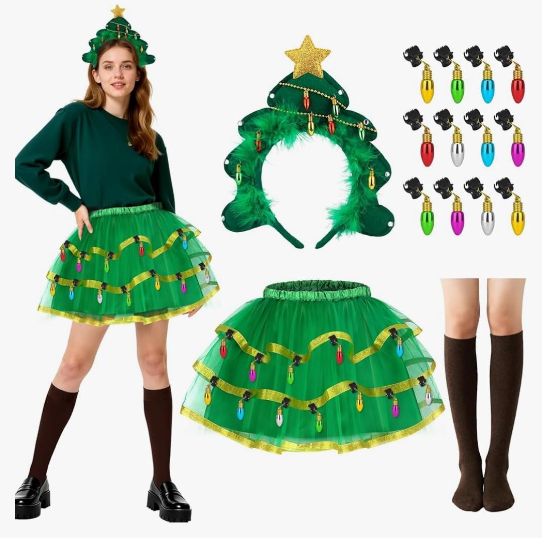 Beipegin Christmas Tree Costume Women Include Christmas Tree Skirt Headband Socks and Xmas Decorations Lights for Xmas Party Small
